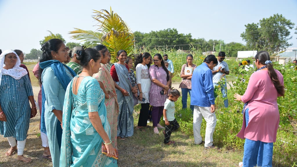 A group of women farmers standing at the edge of a field while a man points out something on the standing crop